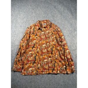 CHICOS DESIGN Womens Long Sleeve Button Up Shirt Abstract Tribal Print Orange